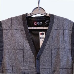 Chaps Mens XXLarge V Neck Plaid‎ Button Front Sweater Vest Cotton Black Heather